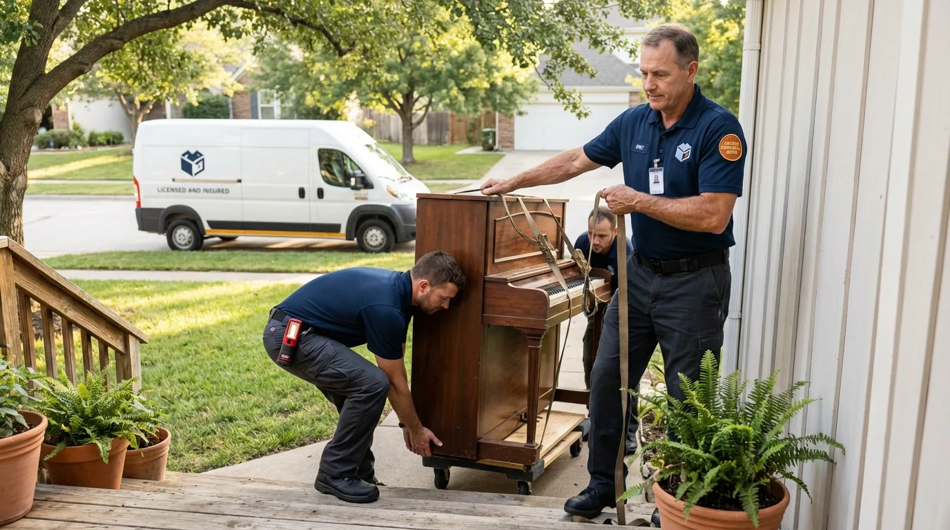Licensed piano movers securing grand piano in Dunkirk, MD