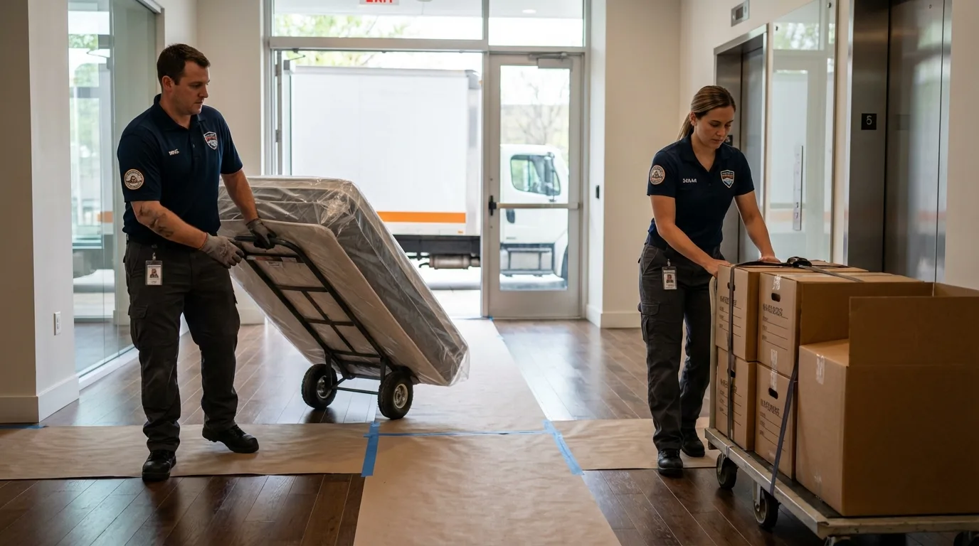 Professional apartment movers loading elevator in Dunkirk, MD